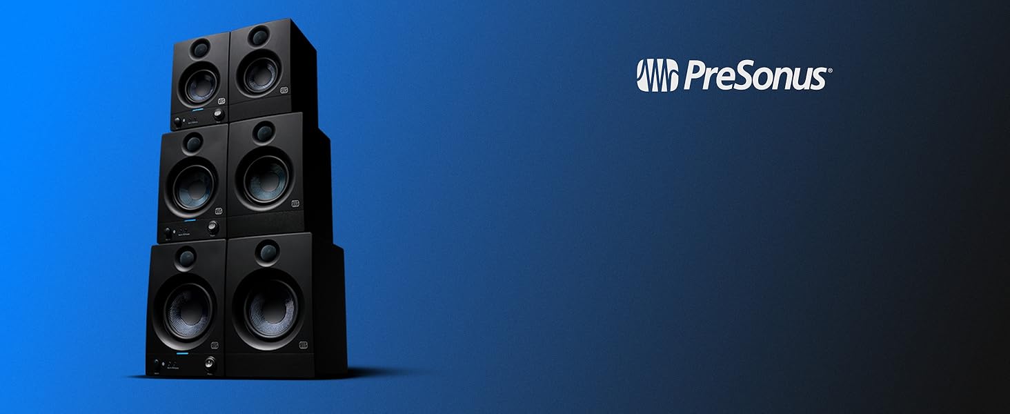 Text reads 'PreSonus'. Stack of black professional audio speakers or monitors against blue background.