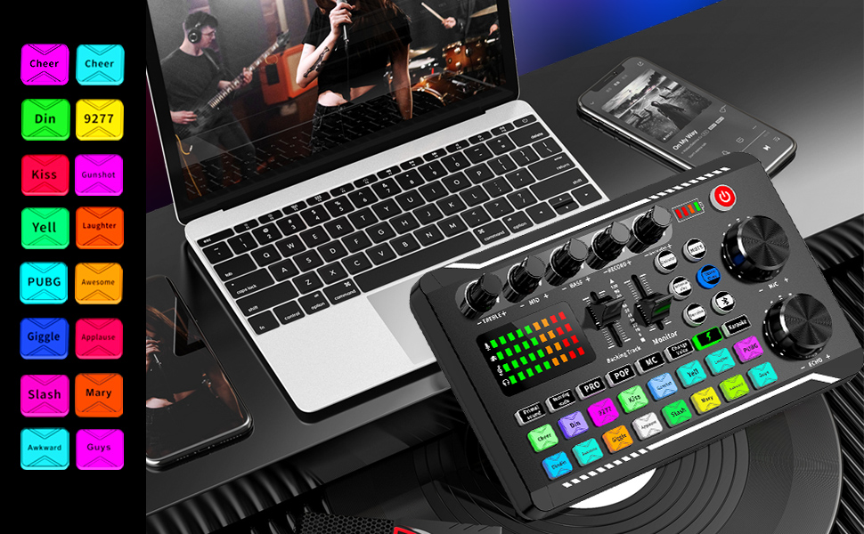 Audio mixing console with colorful buttons, knobs, and LED display, alongside laptop showing music performance and smartphone. Vibrant sound effect tiles in background.