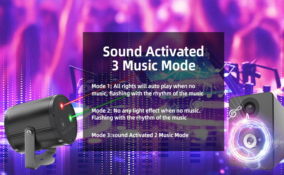 Text reads 'Sound Activated 3 Music Mode'. Purple-lit collage showing equalizer displays and music visualization effects with circular light patterns.