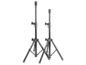 Collection of adjustable height stands or tripods shown from different angles, featuring sturdy bases and telescoping poles.