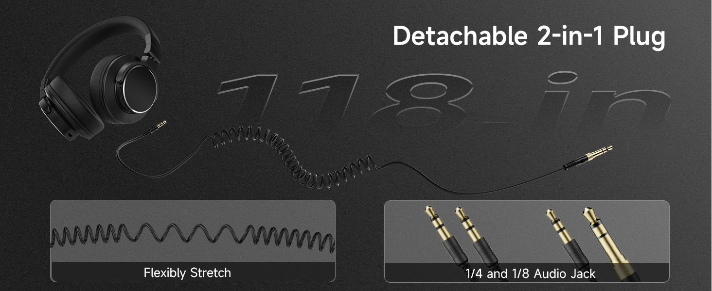 Black over-ear headphones with detachable cable featuring a 2-in-1 plug. Cable has flexible stretch and both 1/4 inch and 1/8 inch audio jack options shown.