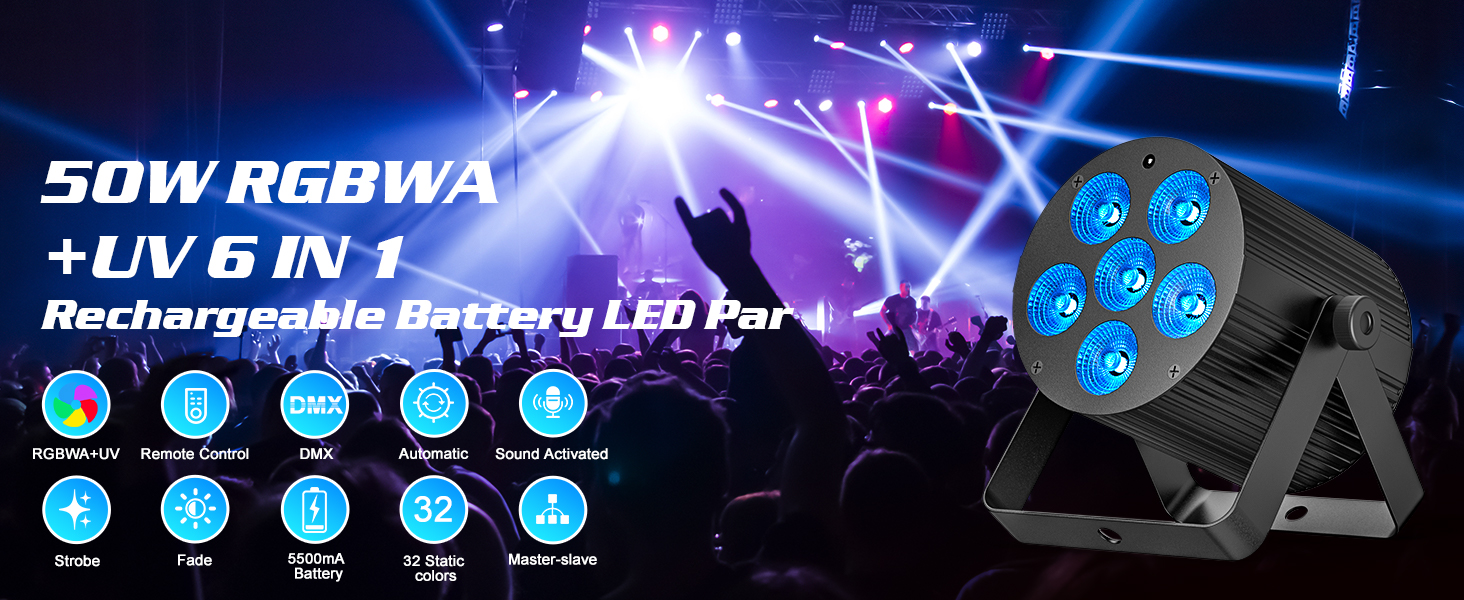 Text reads '50W RGBWA 4 IN 1 Rechargeable Battery LED Par.' Image shows purple and blue LED stage light with multiple illuminated lens elements and technical specifications displayed against dark background with light effects.